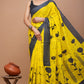 Bright Yellow Floral Printed Handloom Cotton Mulmul Saree