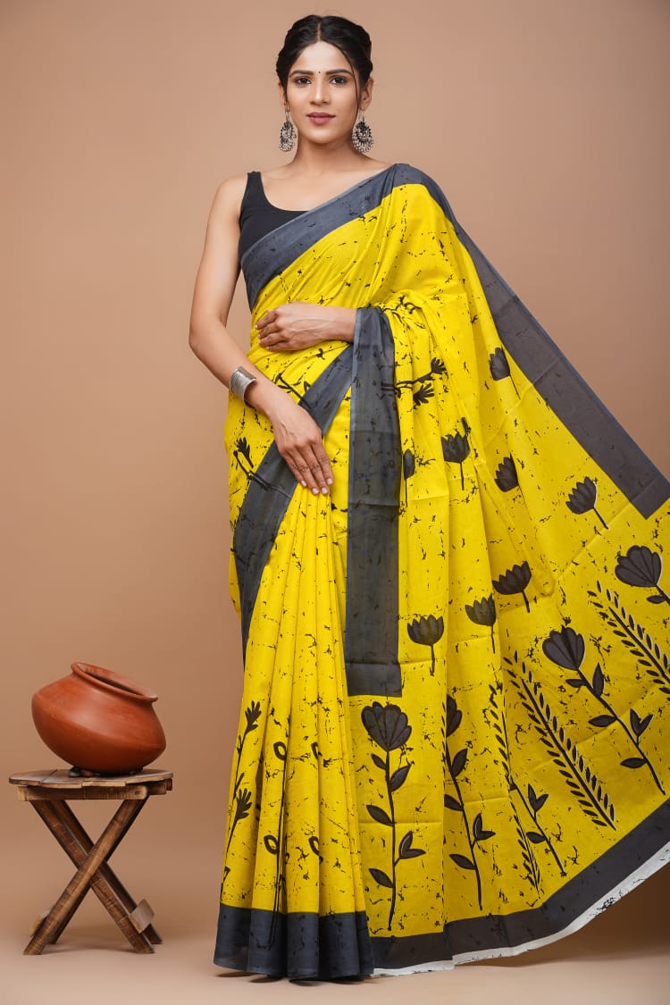 Bright Yellow Floral Printed Handloom Cotton Mulmul Saree