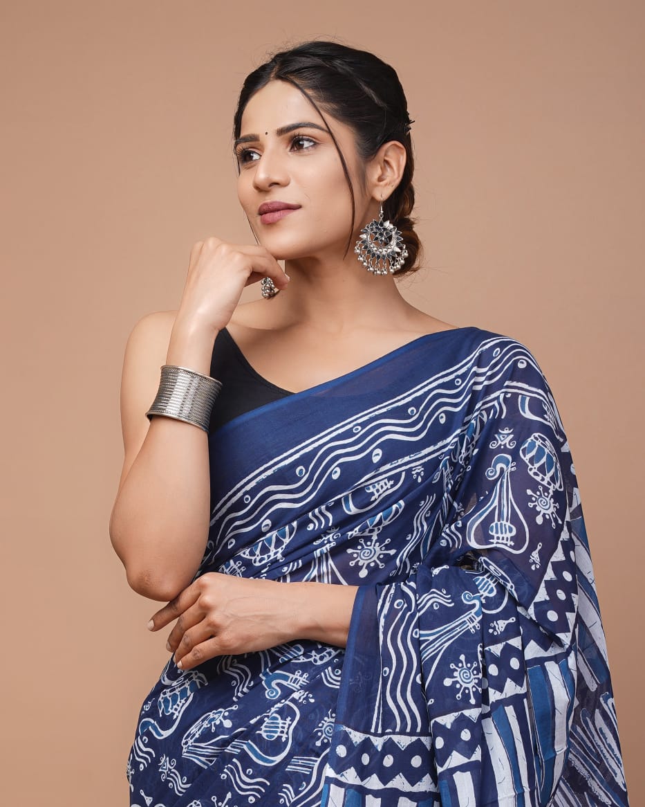 Indigo Blue Sitaar Printed Handloom Cotton Mulmul Saree