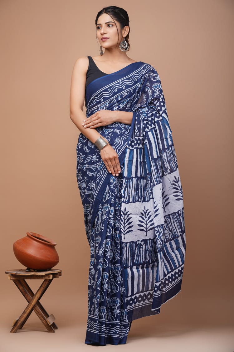 Indigo Blue Sitaar Printed Handloom Cotton Mulmul Saree