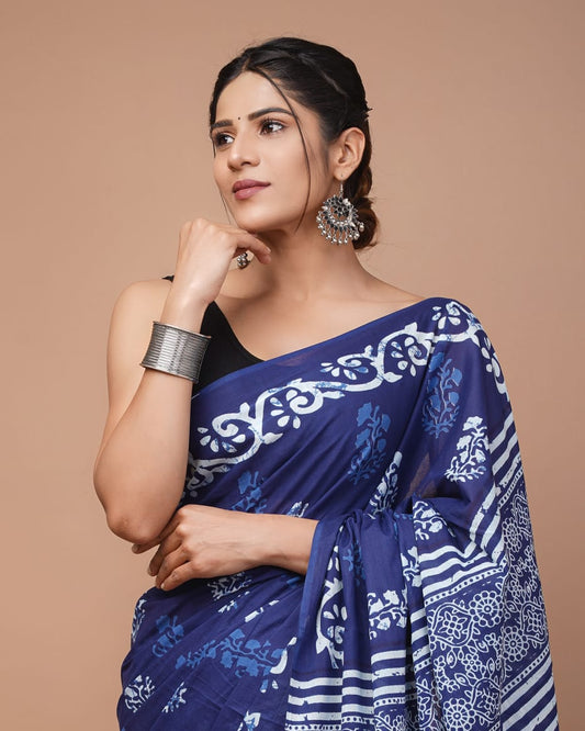 Indigo Blue Floral Printed Handloom Cotton Mulmul Saree