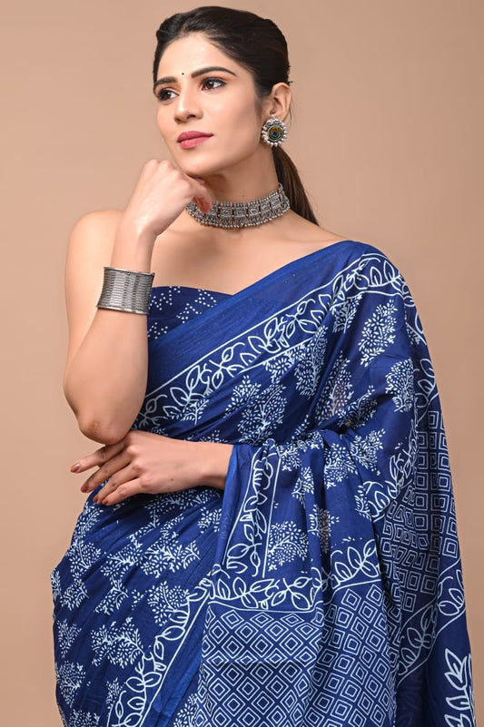 Indigo Blue Floral Printed Handloom Cotton Mulmul Saree