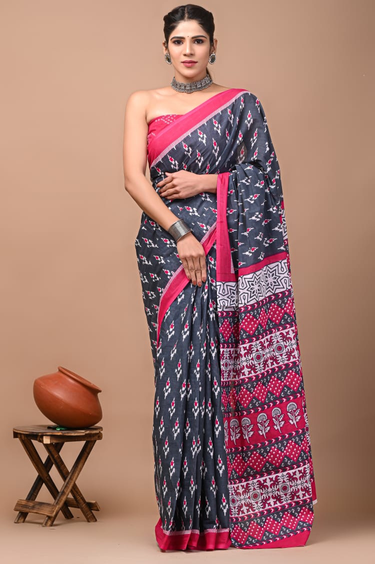 Black & Red Ikat Printed Handloom Cotton Mulmul Saree