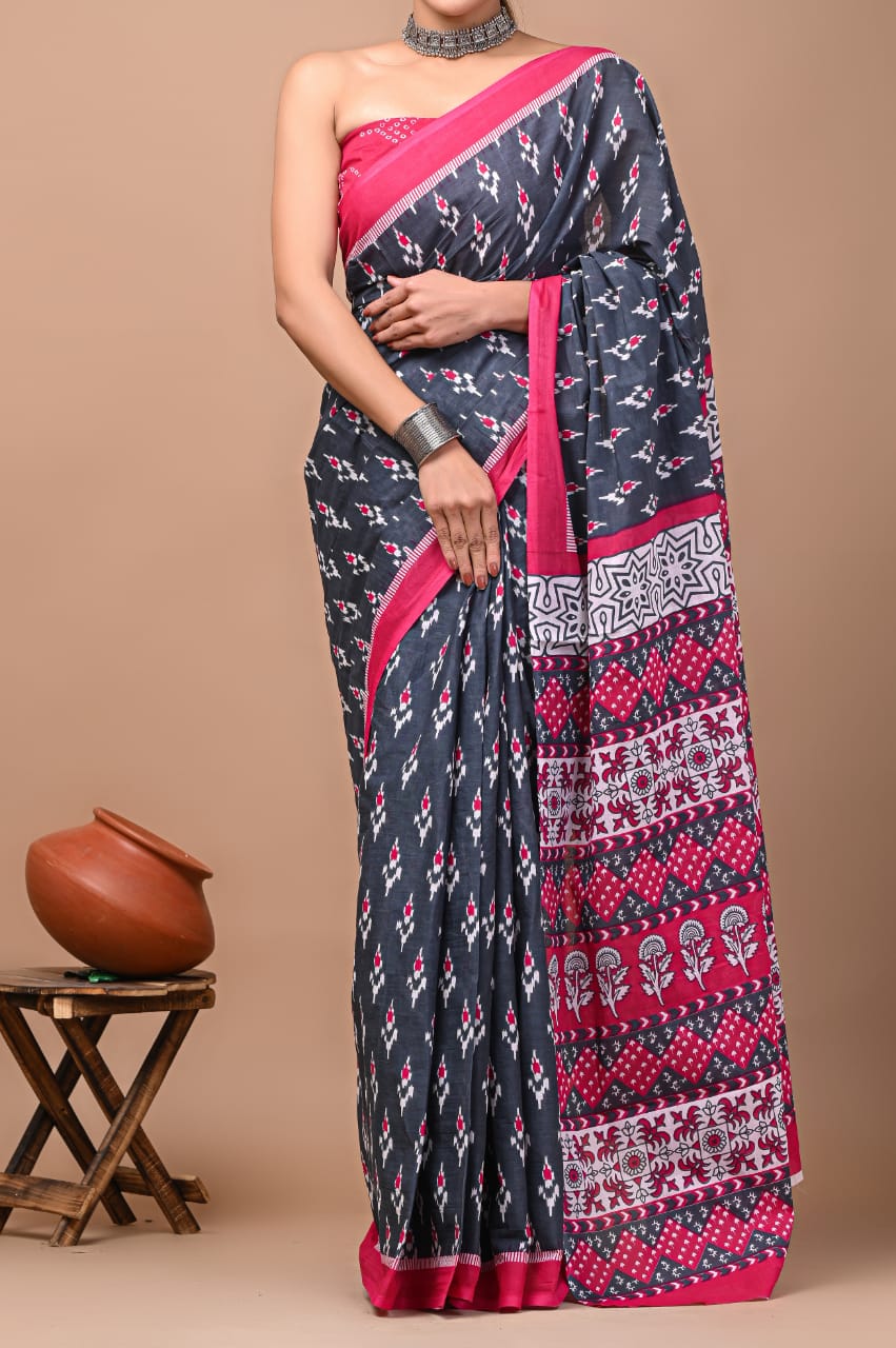 Black & Red Ikat Printed Handloom Cotton Mulmul Saree