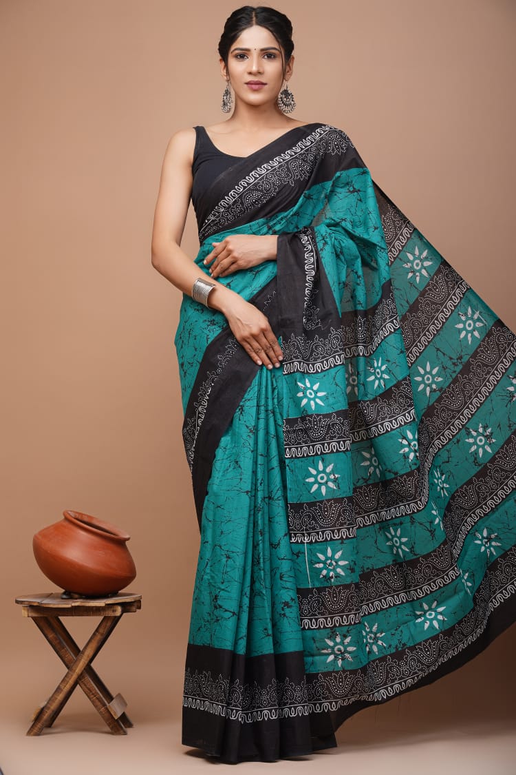 Rama Green Batik Printed Handloom Cotton Mulmul Saree