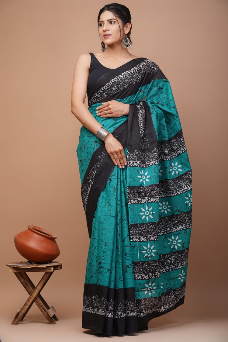 Rama Green Batik Printed Handloom Cotton Mulmul Saree