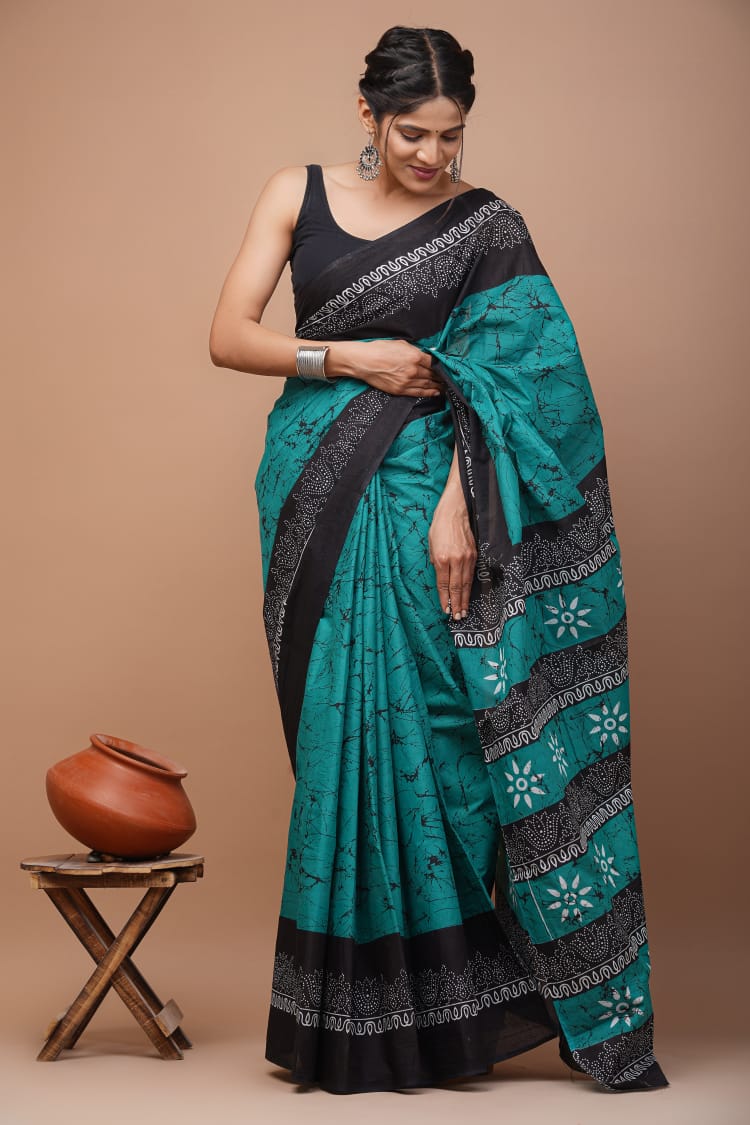 Rama Green Batik Printed Handloom Cotton Mulmul Saree