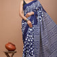 Blue White Pattern Printed Handloom Cotton Mulmul Saree