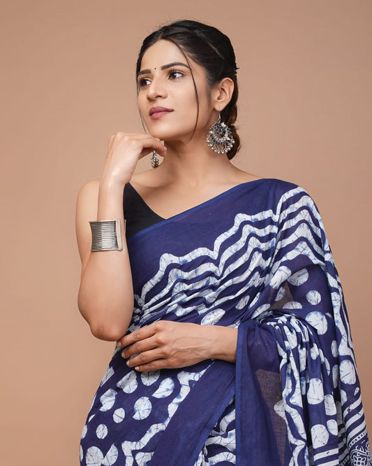 Blue White Pattern Printed Handloom Cotton Mulmul Saree