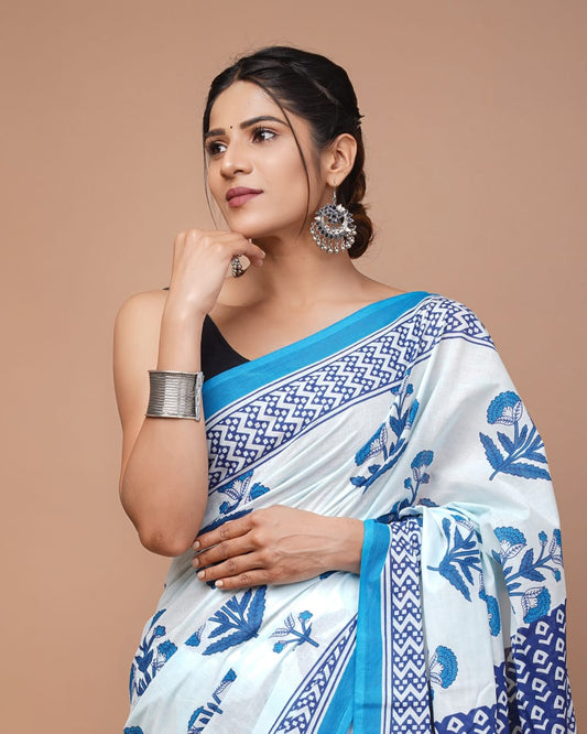 Blue white Pattern Printed Handloom Cotton Mulmul Saree