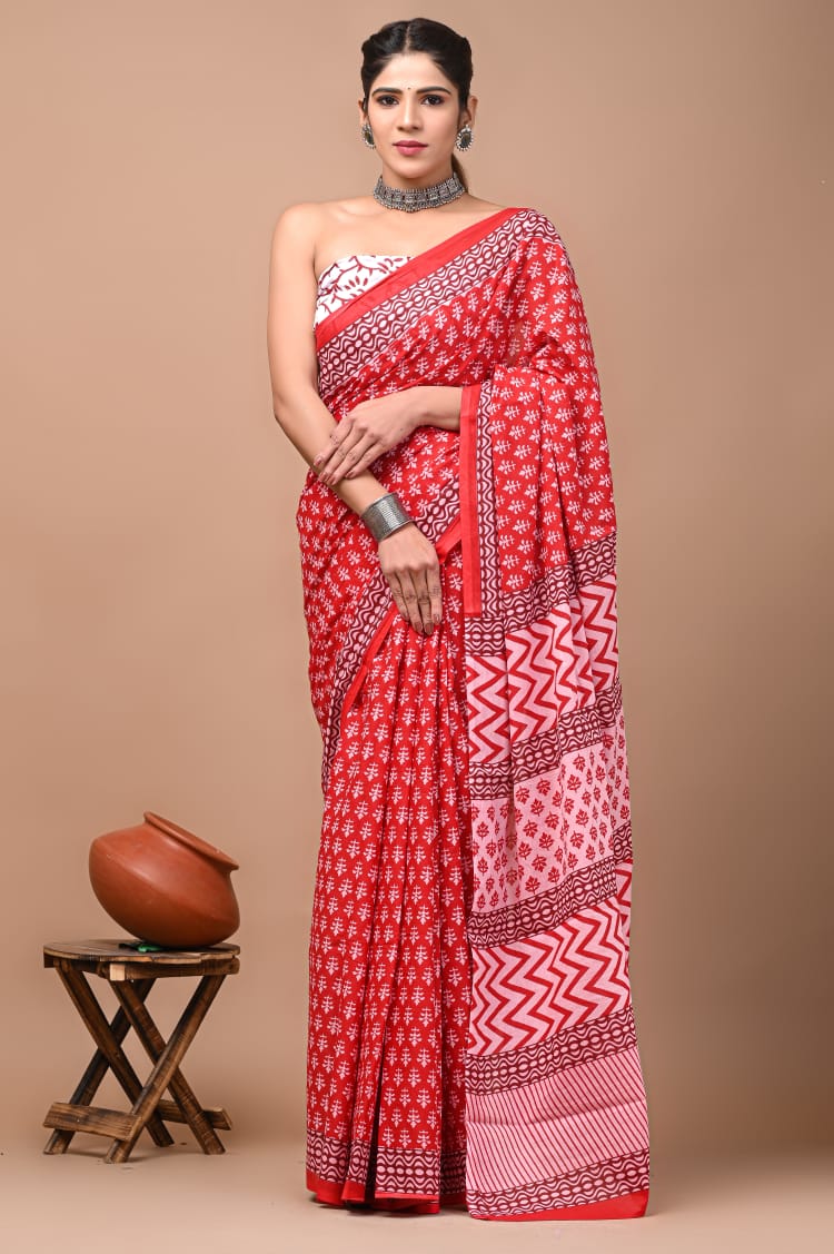 Red White Pattern Printed Handloom Cotton Mulmul Saree