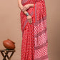 Red White Pattern Printed Handloom Cotton Mulmul Saree