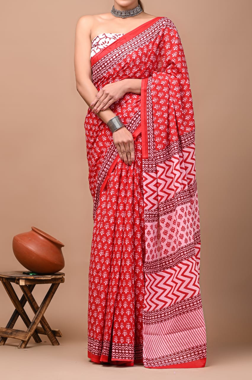 Red White Pattern Printed Handloom Cotton Mulmul Saree