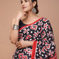 Red Black White Pattern Printed Handloom Cotton Mulmul Saree