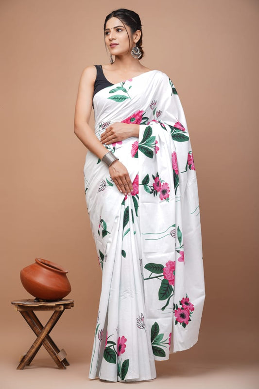 Red Green White Floral Printed Handloom Cotton Mulmul Saree