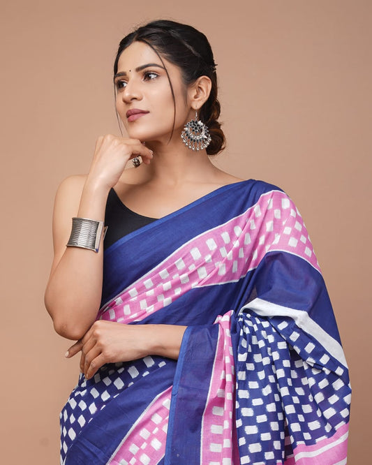 Pink Blue White Pattern Printed Handloom Cotton Mulmul Saree