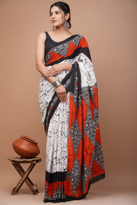 Red Black White Pattern Printed Handloom Cotton Mulmul Saree