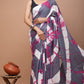 Pink Gray White Pattern Printed Handloom Cotton Mulmul Saree