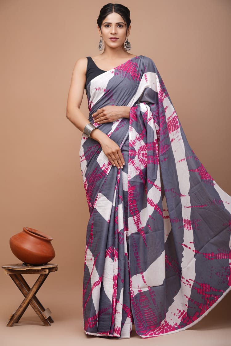 Pink Gray White Pattern Printed Handloom Cotton Mulmul Saree