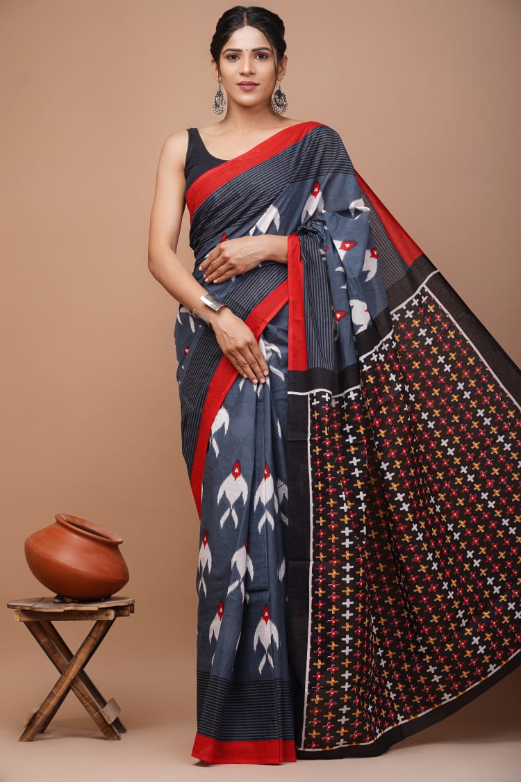 Red Gray Black White Yellow (Multicolor) Pattern Printed Handloom Cotton Mulmul Saree