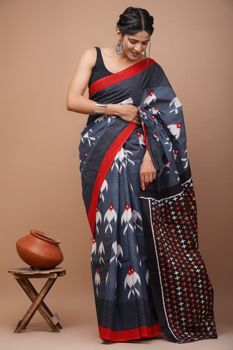 Red Gray Black White Yellow (Multicolor) Pattern Printed Handloom Cotton Mulmul Saree