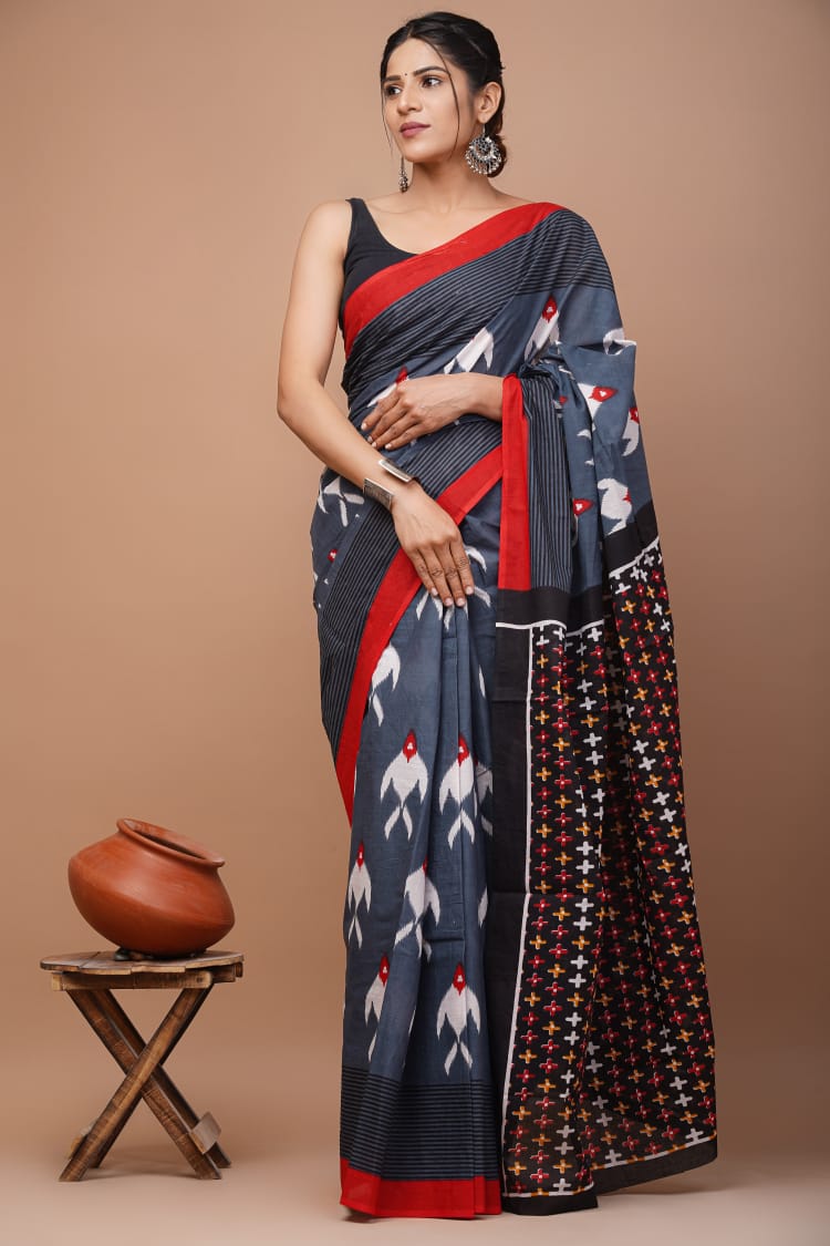 Red Gray Black White Yellow (Multicolor) Pattern Printed Handloom Cotton Mulmul Saree