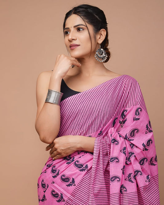 Pink Black Pattern Printed Handloom Cotton Mulmul Saree