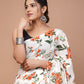 Orange Green White Floral Printed Handloom Cotton Mulmul Saree