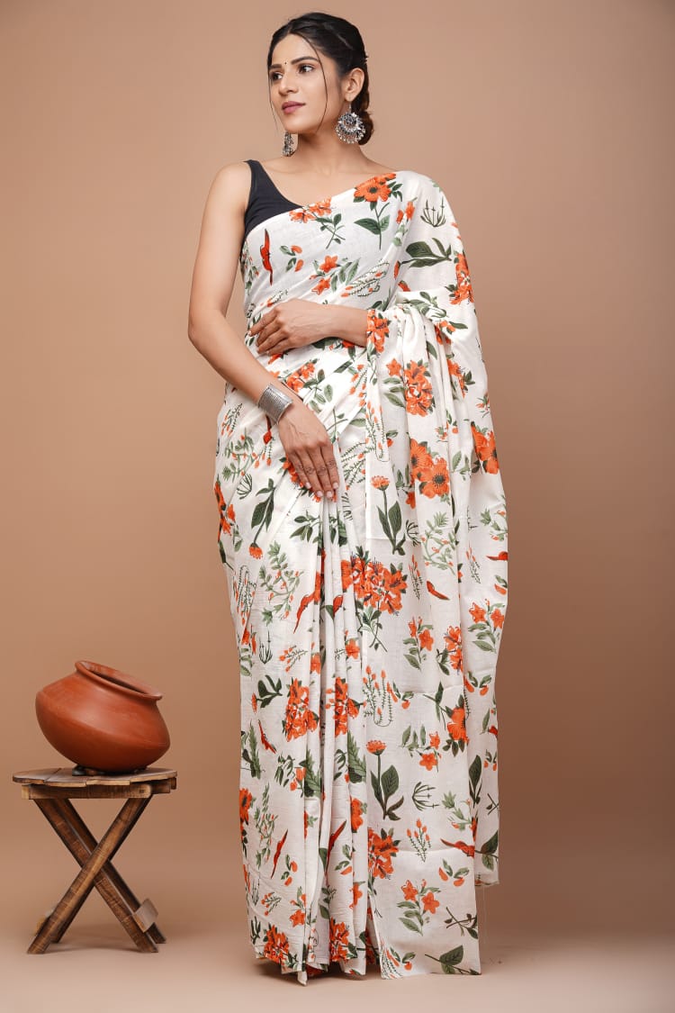 Orange Green White Floral Printed Handloom Cotton Mulmul Saree