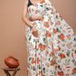 Orange Green White Floral Printed Handloom Cotton Mulmul Saree