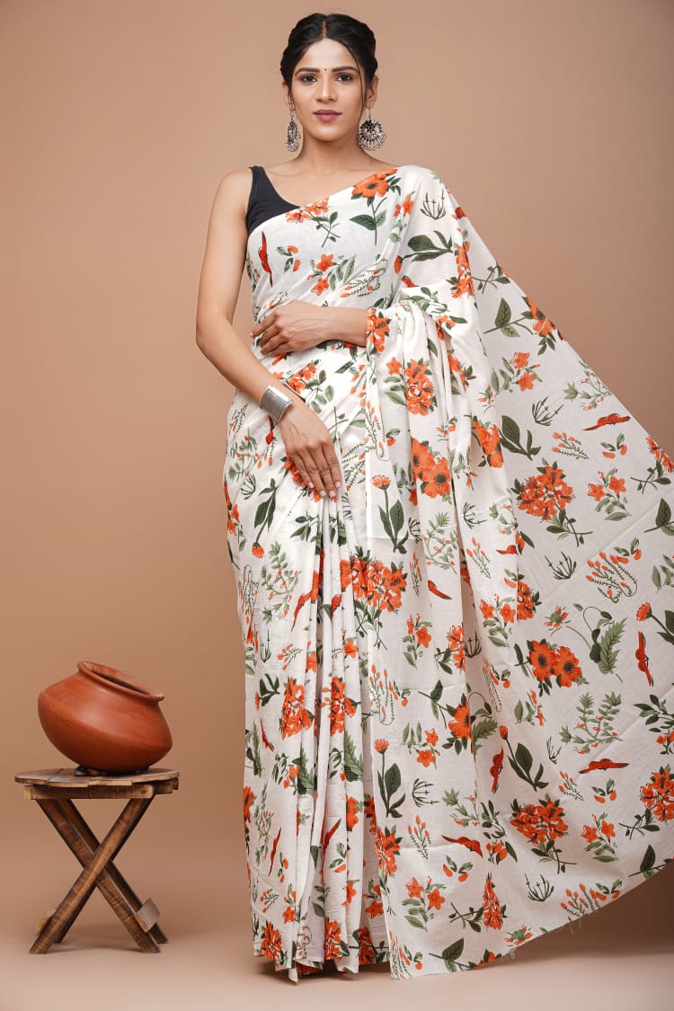 Orange Green White Floral Printed Handloom Cotton Mulmul Saree