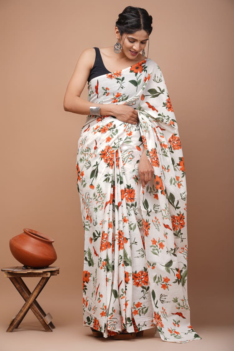 Orange Green White Floral Printed Handloom Cotton Mulmul Saree