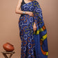 Blue Yellow Orange White Pattern Printed Handloom Cotton Mulmul Saree