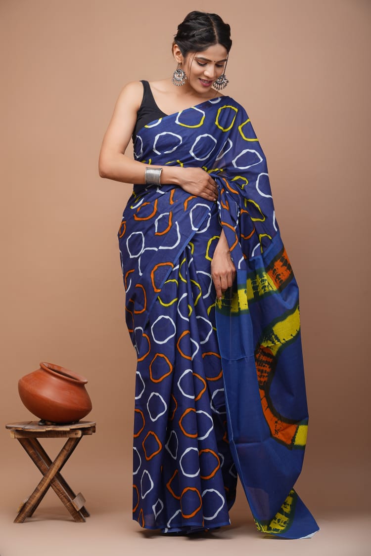Blue Yellow Orange White Pattern Printed Handloom Cotton Mulmul Saree