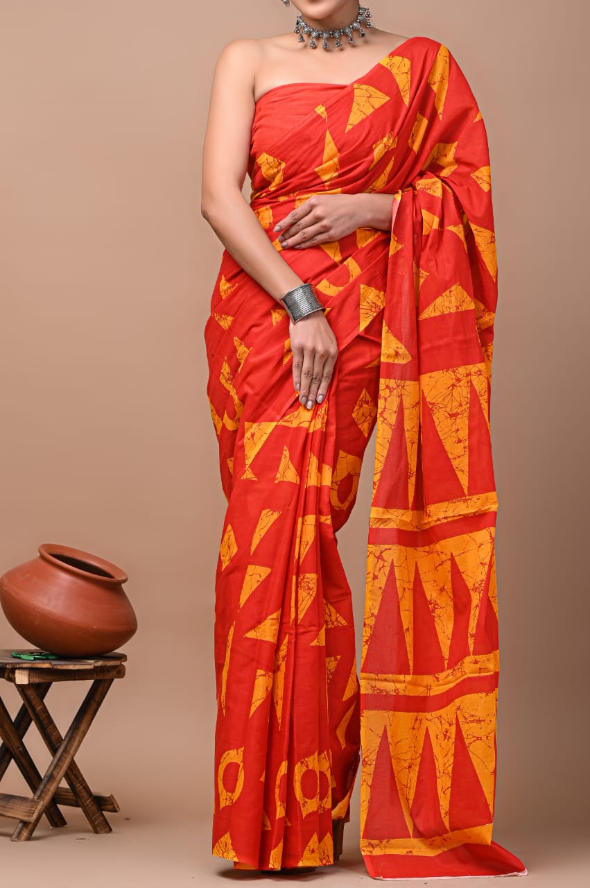 Saffron/ Orange Yellow Pattern Printed Handloom Cotton Mulmul Saree