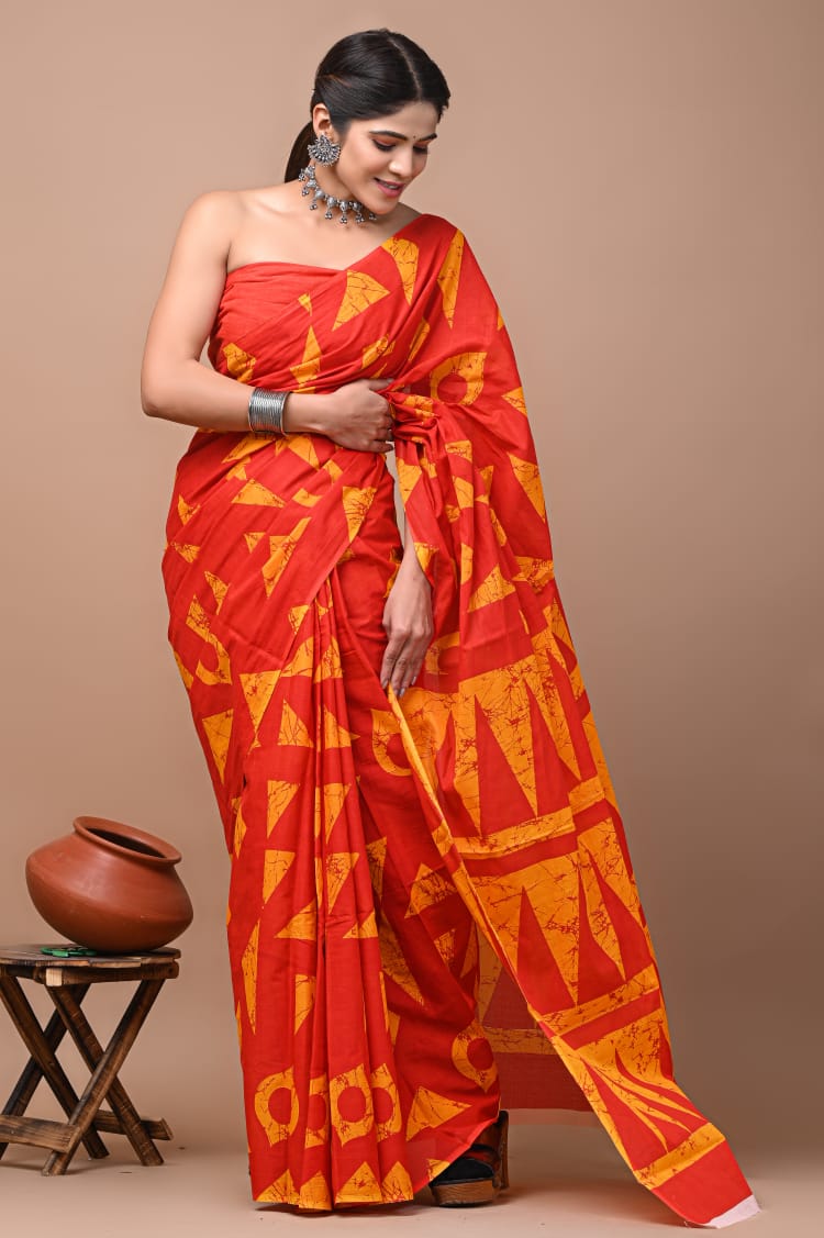 Saffron/ Orange Yellow Pattern Printed Handloom Cotton Mulmul Saree