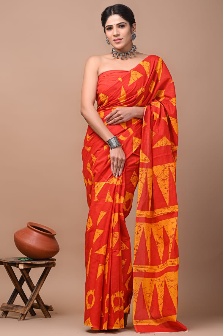 Saffron/ Orange Yellow Pattern Printed Handloom Cotton Mulmul Saree