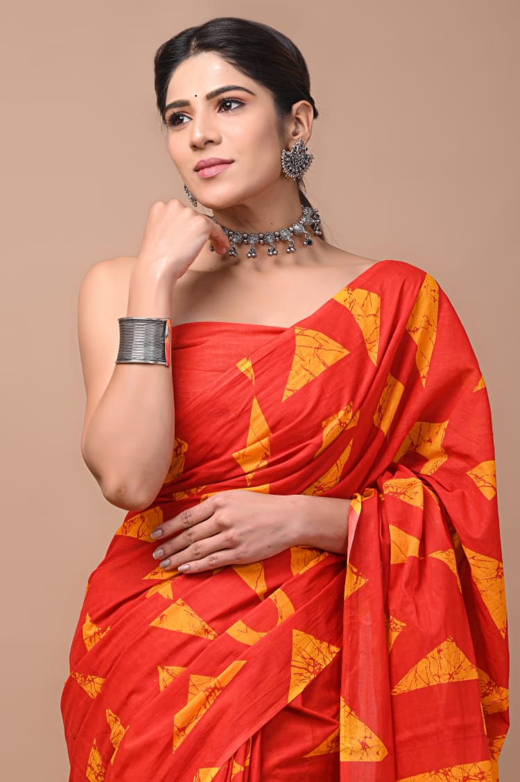 Saffron/ Orange Yellow Pattern Printed Handloom Cotton Mulmul Saree