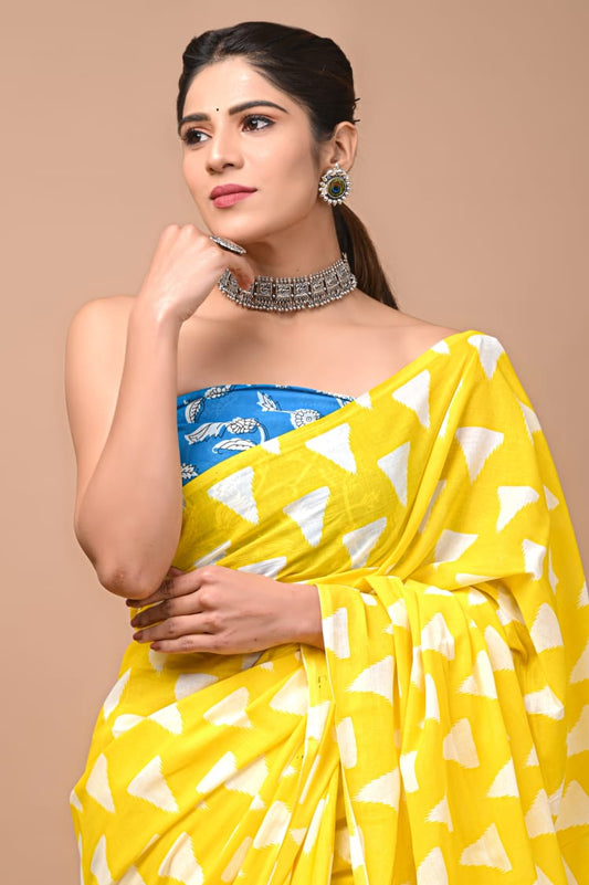 Yellow White Pattern Printed Handloom Cotton Mulmul Saree