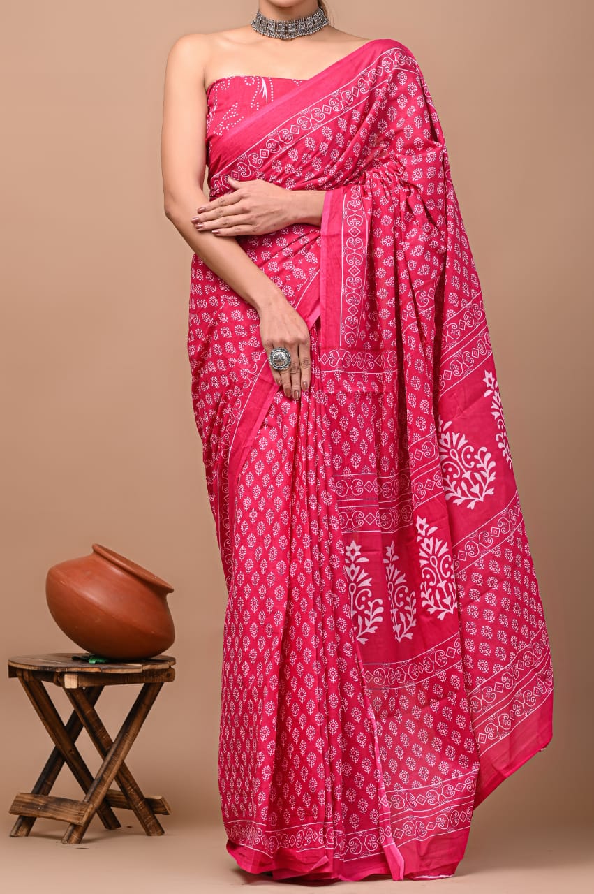 Red White Pattern Printed Handloom Cotton Mulmul Saree