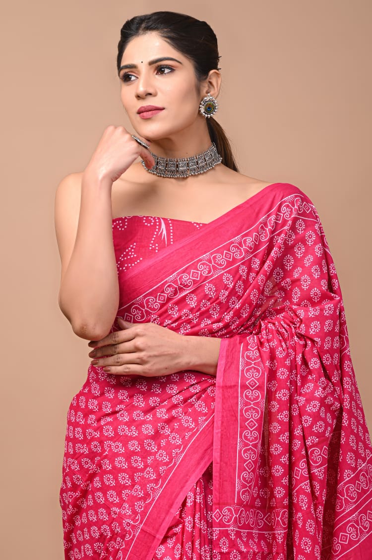 Red White Pattern Printed Handloom Cotton Mulmul Saree