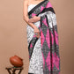 White Black Pink Pattern Printed Handloom Cotton Mulmul Saree