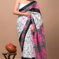 White Black Pink Pattern Printed Handloom Cotton Mulmul Saree