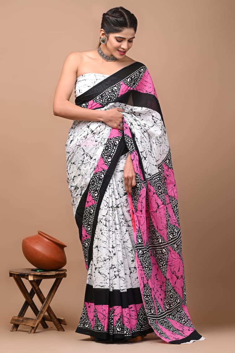 White Black Pink Pattern Printed Handloom Cotton Mulmul Saree