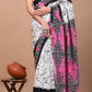 White Black Pink Pattern Printed Handloom Cotton Mulmul Saree