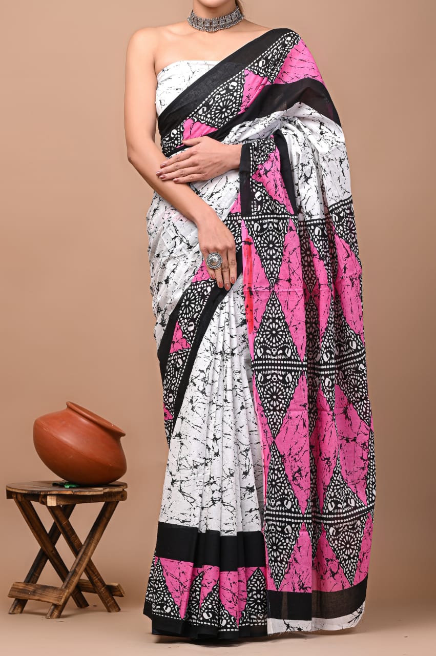 White Black Pink Pattern Printed Handloom Cotton Mulmul Saree