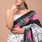 White Black Pink Pattern Printed Handloom Cotton Mulmul Saree