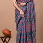 Red Blue Pattern Printed Handloom Cotton Mulmul Saree