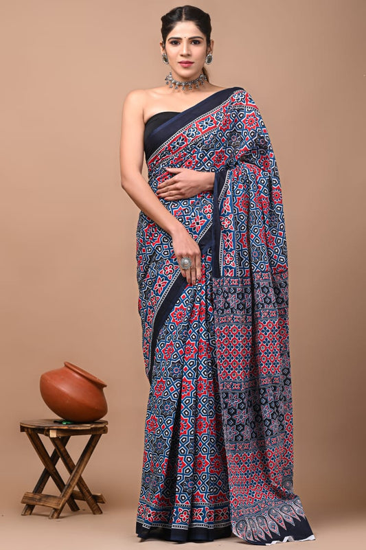 Red Blue Pattern Printed Handloom Cotton Mulmul Saree