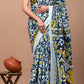 Blue Yellow White Floral Printed Handloom Cotton Mulmul Saree